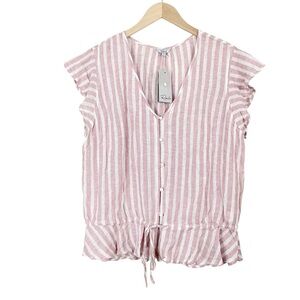 Rails Bretton Button Front Linen Shirt In Rose Stripe Size Large
